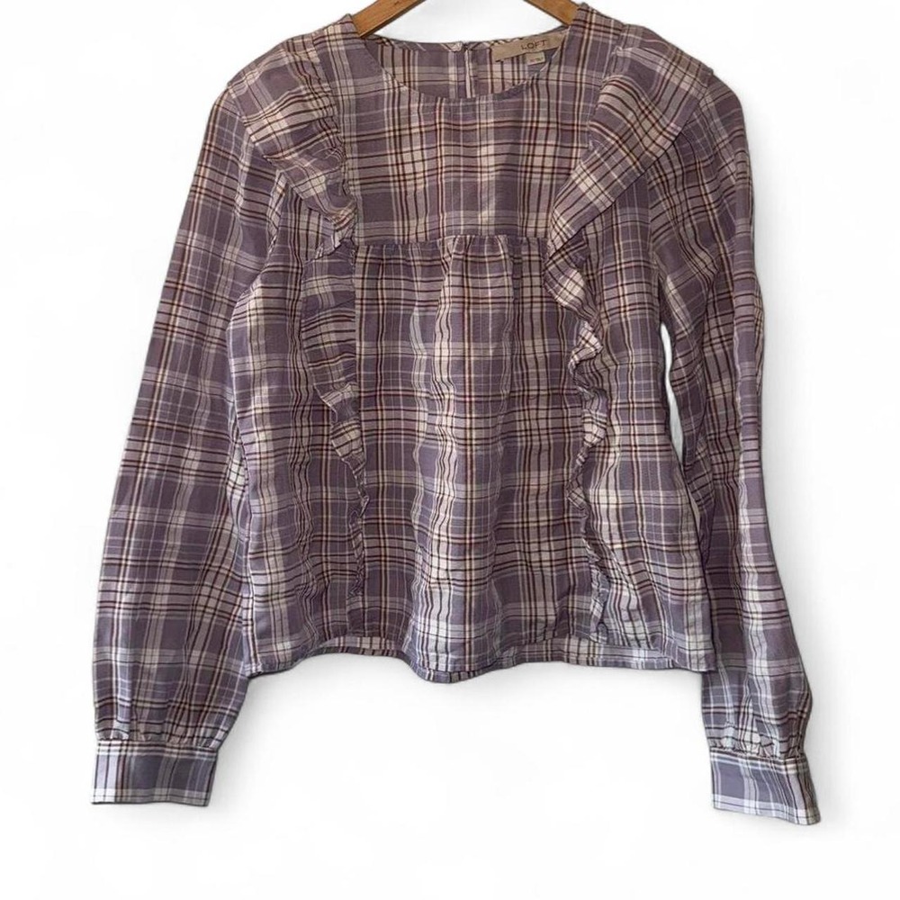 LOFT Womens Purple Brown White Plaid Ruffle Trim Long Sleeve Blouse XS